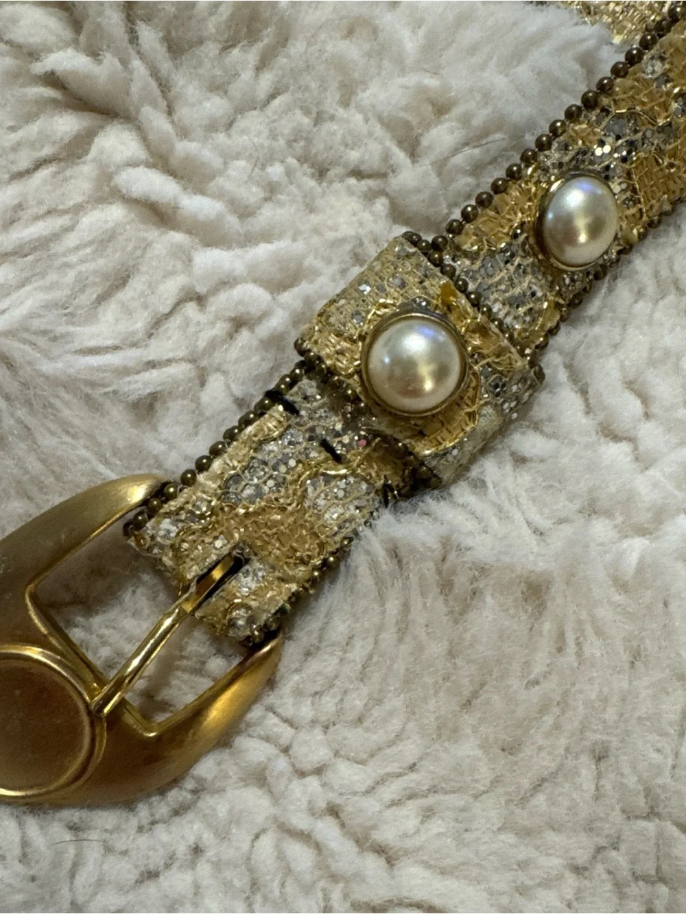 Vtg Dress Belt Women Small Coated Gold Lace Overlay Multicolor Bead Edge Brass